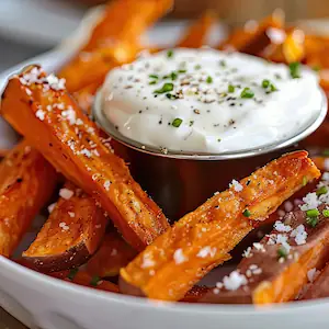 Crispy baked sweet potatoes sprinkled with seasonings with a side of white sauce.